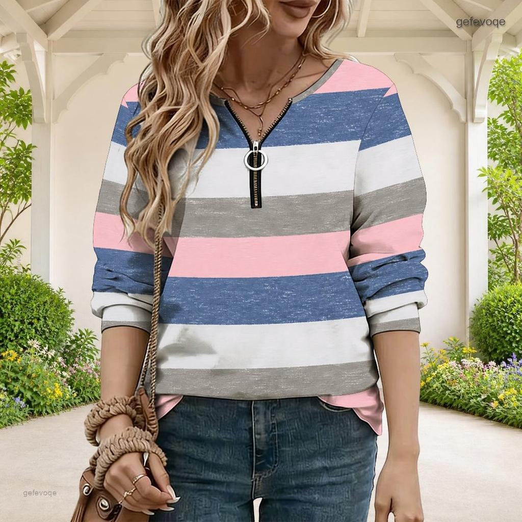 Women Plus Size White Printed V Neck Half Zip Long Sleeve Sweatshirt With Ribbed Cuffs