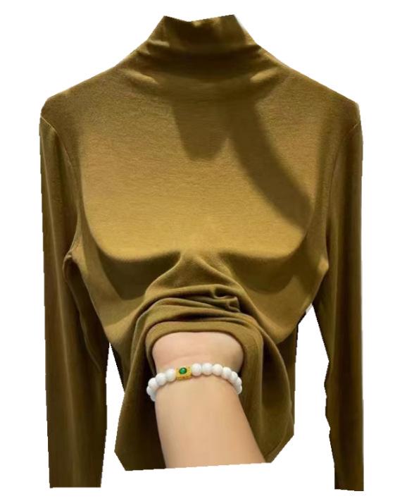 Dameslimfit langermet T-skjorte med ribbestrikket krage og fløyelsfôr (180 g) - Ny Vår/Høst/Vintermote