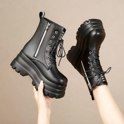 Women's Chunky Boots Fashion Mid-calf Boots 9CM Height Increasing Platform Boots for Women Casual Leather Boot Gothic Punk Botas
