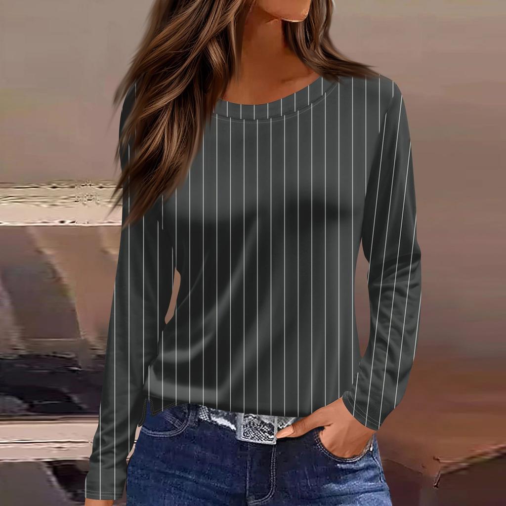 Women's Fashion Casual Slit Hem Round Neck Long Sleeve Loose  Printed T-Shirt Ladies Top