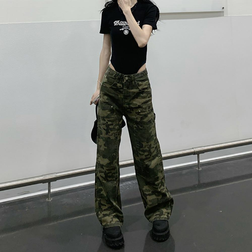 Korean Version of Versatile Camouflage Tooling Jeans for Women's Spring and Autumn Spice Girls High-waisted Straight Loose Wide-leg Jeans