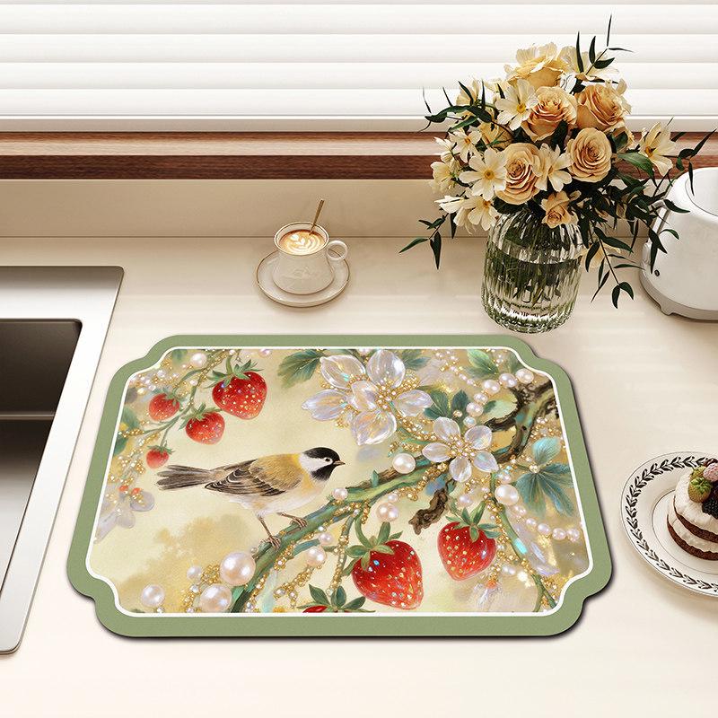 Chinese-Style Irregular Flower & Bird Diatom Mud Coffee Mat: Stain-Resistant, Easy-Clean, Non-Slip Kitchen Draining Mat
