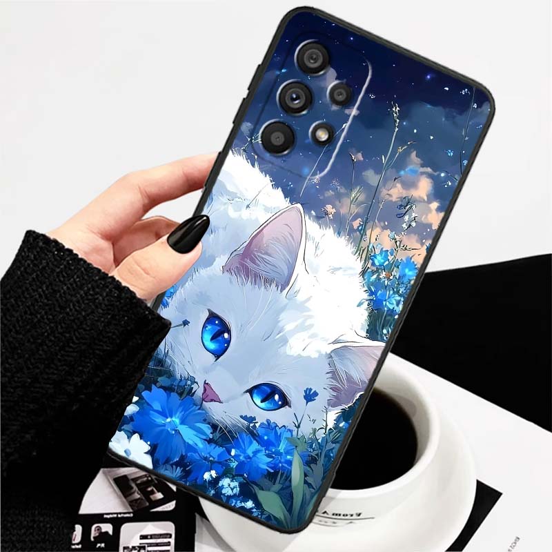 Cartoon Cat Cute For Samsung A73 A72 A71 A55 A54 A53 A52 A51 A13 A22 A16 A15 A12 A14 A26 A07 5G Black Phone Case