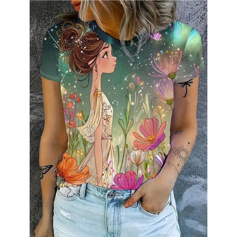Fashion Women's Crew Neck Short Sleeve 3D Casual Color Printing Casual Short Sleeve Crew Neck T-Shirt