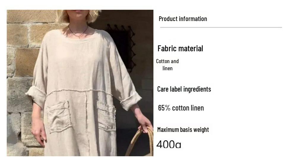2024 Summer Women's Solid Color Cotton & Linen Dress with Pockets