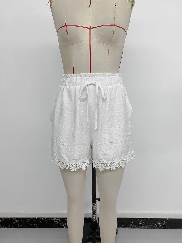 2026 Resort Style White Lace Patchwork Drawstring Shorts