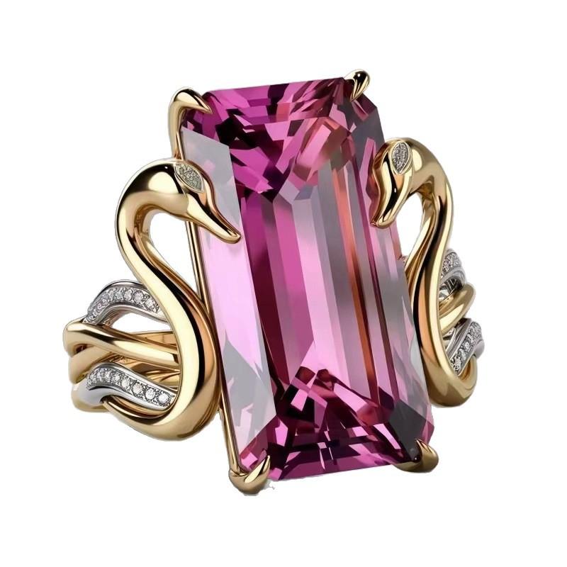 Europe and the United States hot-selling new women's square zircon ring luxury elegant swan gold ring