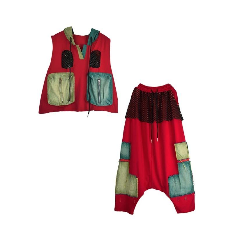 XITAO Patchwork Pocket Contrast Color Hooded Matching Set GYX1650