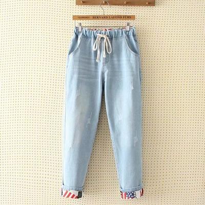 Women Spring and Autumn Large Size High Waist Casual Trousers Loose Hole Jeans Denim Cropped Pants
