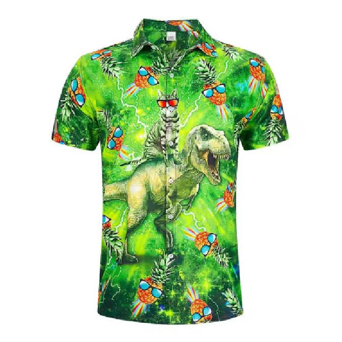 Funny Cat Dinosaur Pattern Men's Casual Short Sleeve Tropical Holiday Lapel Shirt