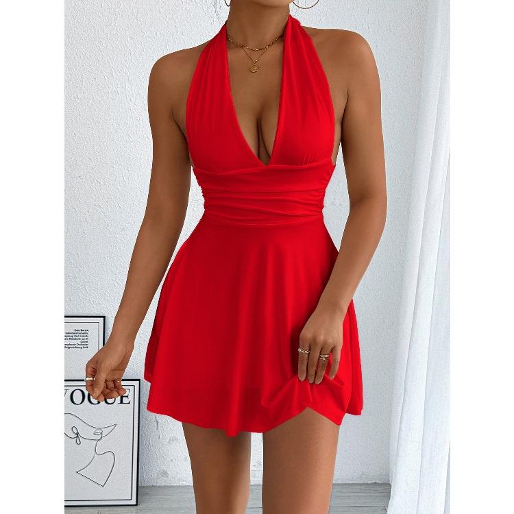 Women’s Laced V-neck Fitted Pleated Mini Skirt Sexy Backless Pleated Laced Dress