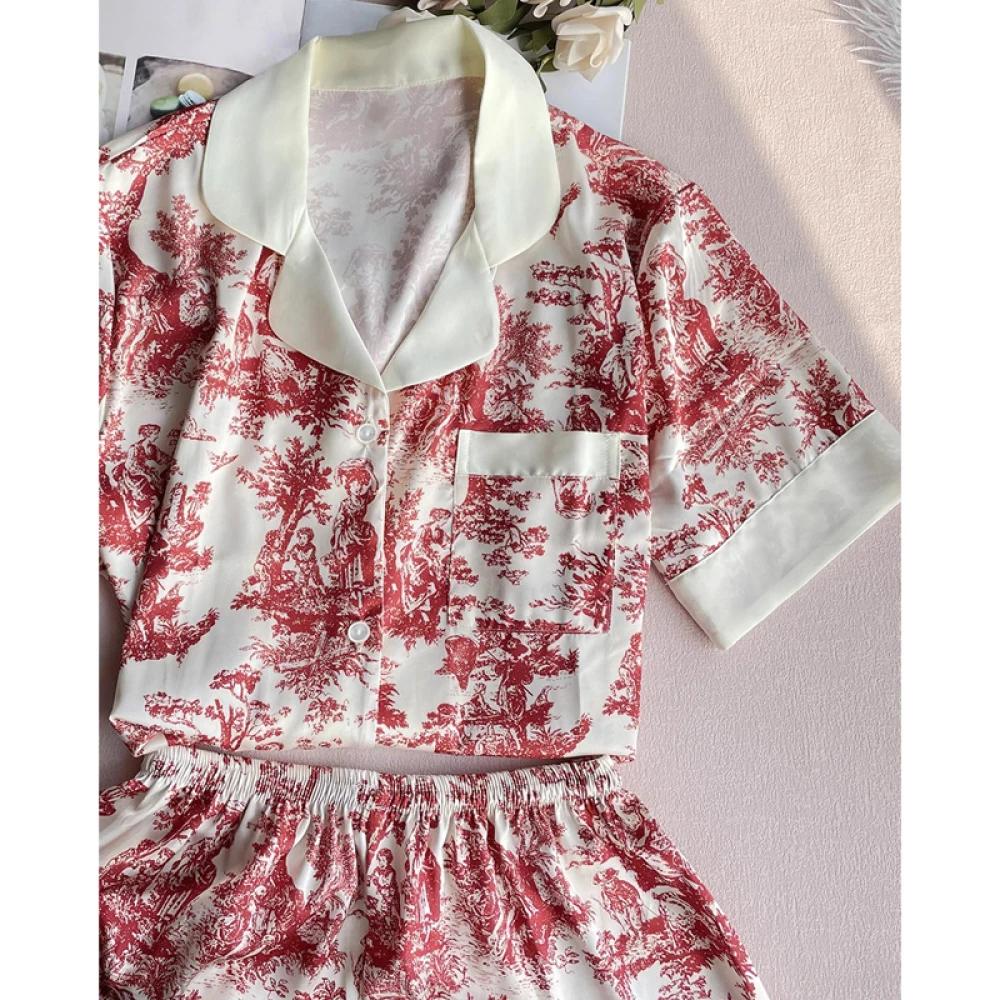 Chinese Style Printed Red Women's Pajamas Short-sleeved Shorts Imitation Silk House Clothes Summer Women's Casual Casual