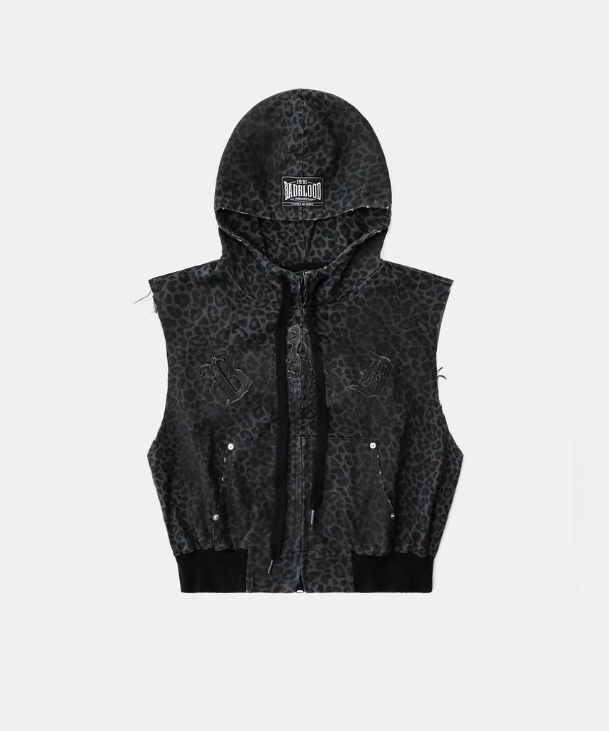 Badblood Mystic Patch Sleeveless Hooded Work Jacket - Black Leopard