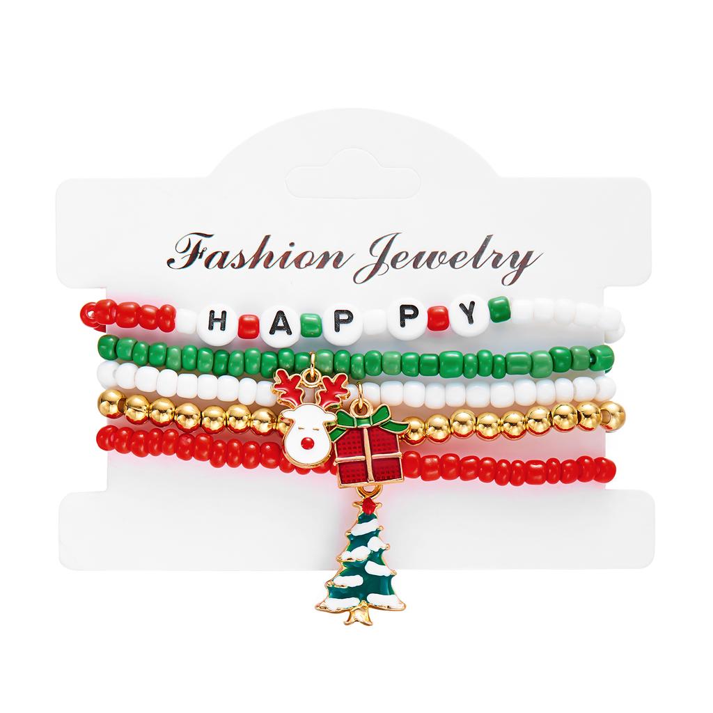 Colorful Beaded Christmas Bracelet Set For Women Men Santa Claus Snowman Snowflake Pendant Bangles New Year Party Jewelry