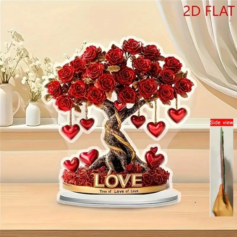 Bohemian Style Acrylic Crystal Heart Rose Tree Decoration, Suitable for Halloween and Christmas Ornaments with Golden Base and Red Roses 