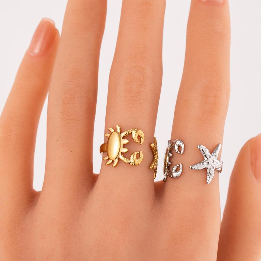 Women's Titanium Steel Starfish Ring - Stainless Steel Open Design, Colorfast 18k Gold Vacuum Electroplated