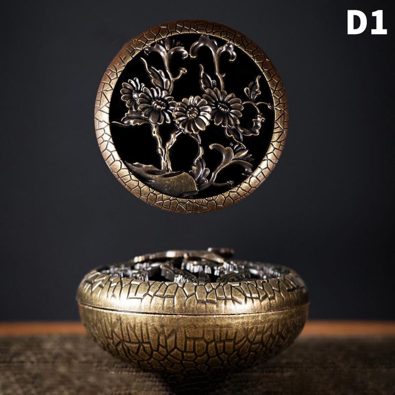 Brûleur d'encens antique avec couvercle creux, porte-bobine anti-moustiques en métal et bambou, orchidée prune, plaque de poêle à encens en bois de santal pour la maison