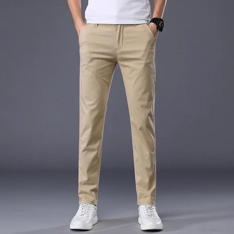 Pantalones Casuales Finos de Verano para Hombre Colores Algodón Estilo Clásico Elásticos Rectos Ajuste Delgado Moda de Negocios Pantalones Largos Masculinos