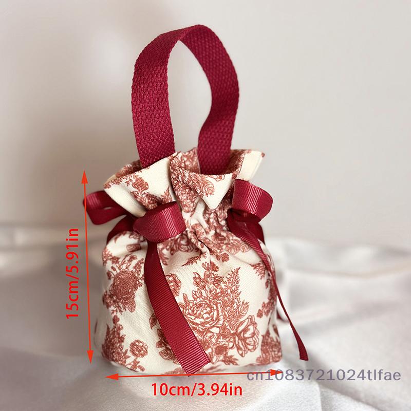 1PC Flower Printed Drawstring Candy Pouch Bag, Handle Bag Gift for Wedding Party
