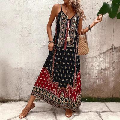 European and American Women's Clothing Retro Printing Ethnic Style Sleeveless Loose and Elegant Casual Women's Clothing V-neck Dress