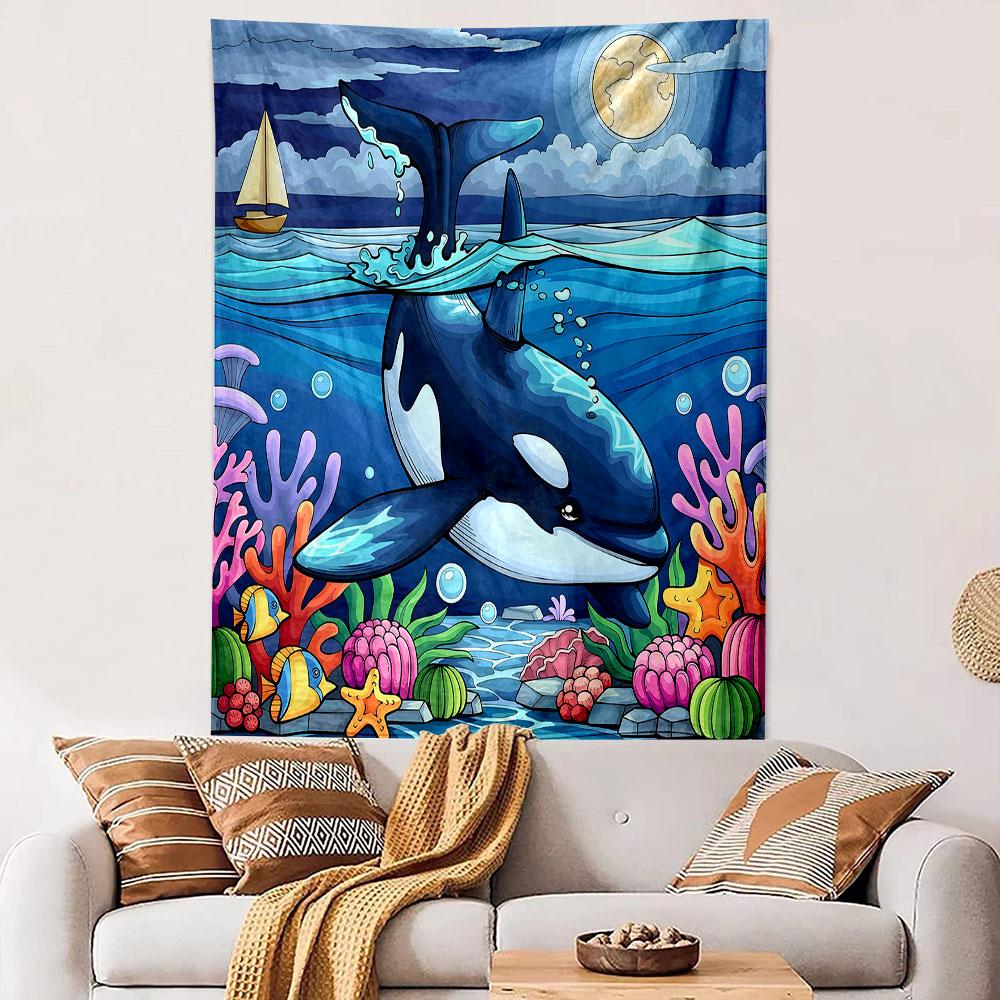 Orca In Colorful Underwater Scene Patterned Tapestry Decorative Wall Hanging, Home Bedroom Living Room Decor