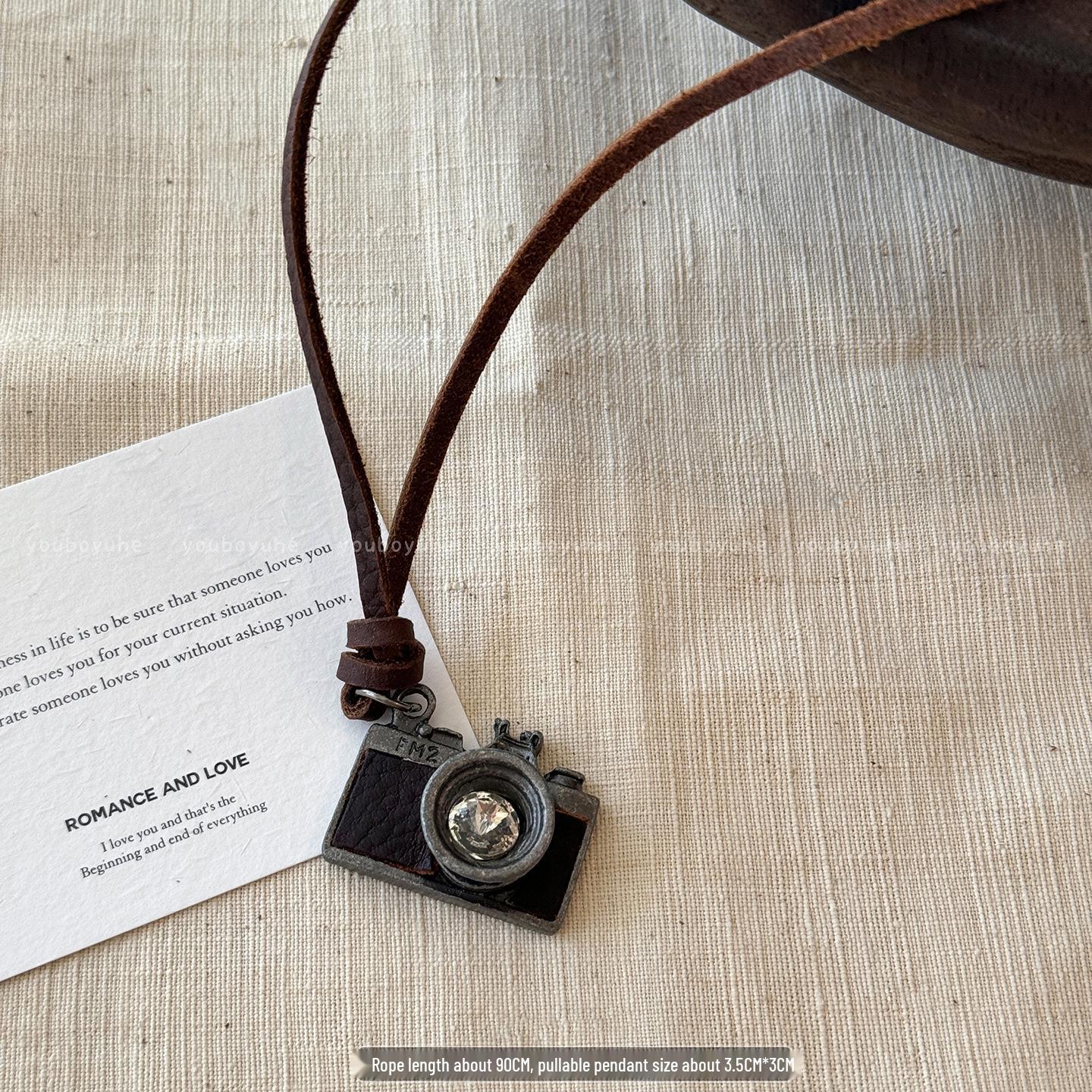 

Maillard Coffee Brown Leather Pendant Necklace for Women - Retro Rope Bag Charm and Sweater Chain Accessory