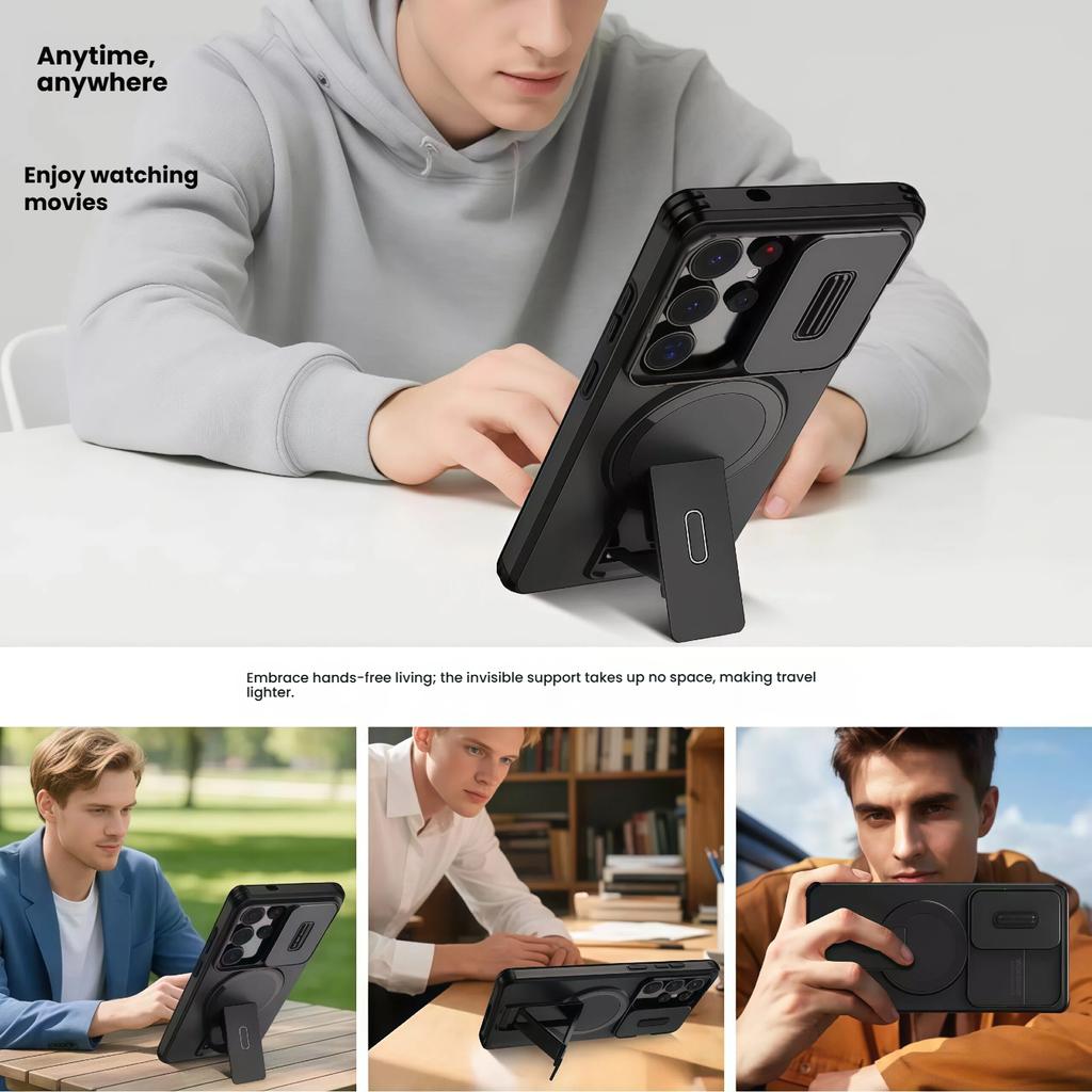 New Compatible Galaxy S26 Ultra/S26 Plus/S26 Slide Window Lens Protector Case with Magnetic Stand Anti-drop Cover