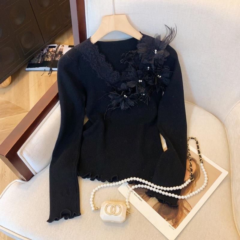 

Кружевной воротник трехмерный цветок вязаный свитер женский осенне-зимний фестончатый край базовая рубашка чувство дизайна one size fits all абрикосовый