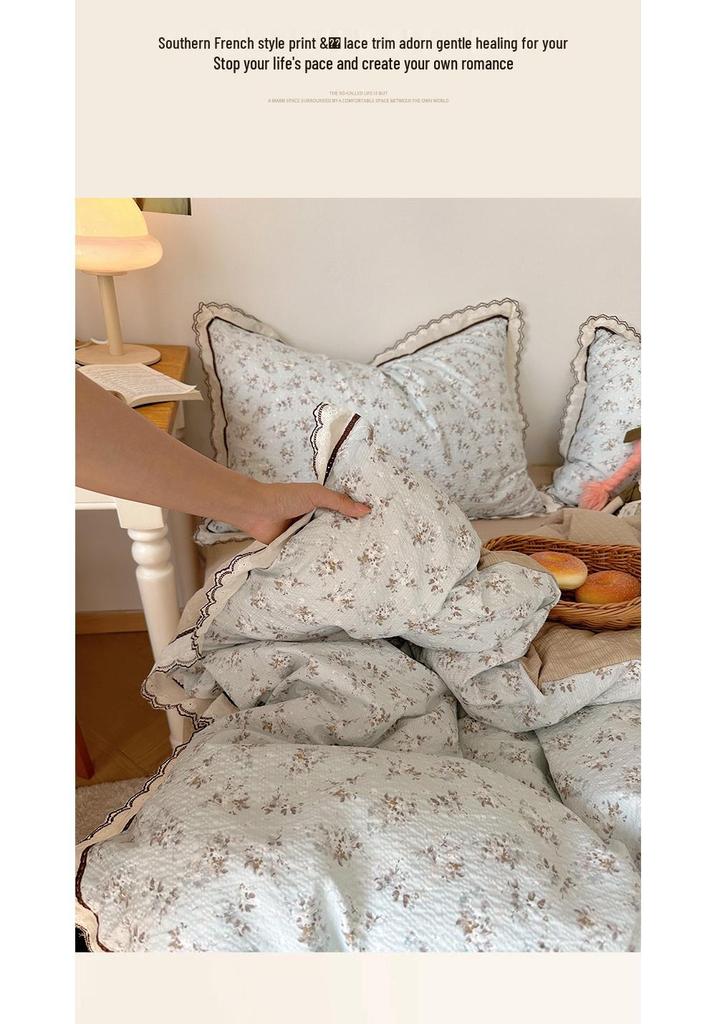 Korean French Style Hollow Lace Puff Cotton Bedding Set, Girly Duvet Cover - Available As 4-Piece or 3-Piece Set