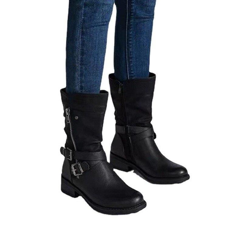 Autumn Winter Mid Calf Boots Women Retro Zipper Women 'S Shoes Fashion Leather Water Proof Belt Buckle Casual Martin Boots