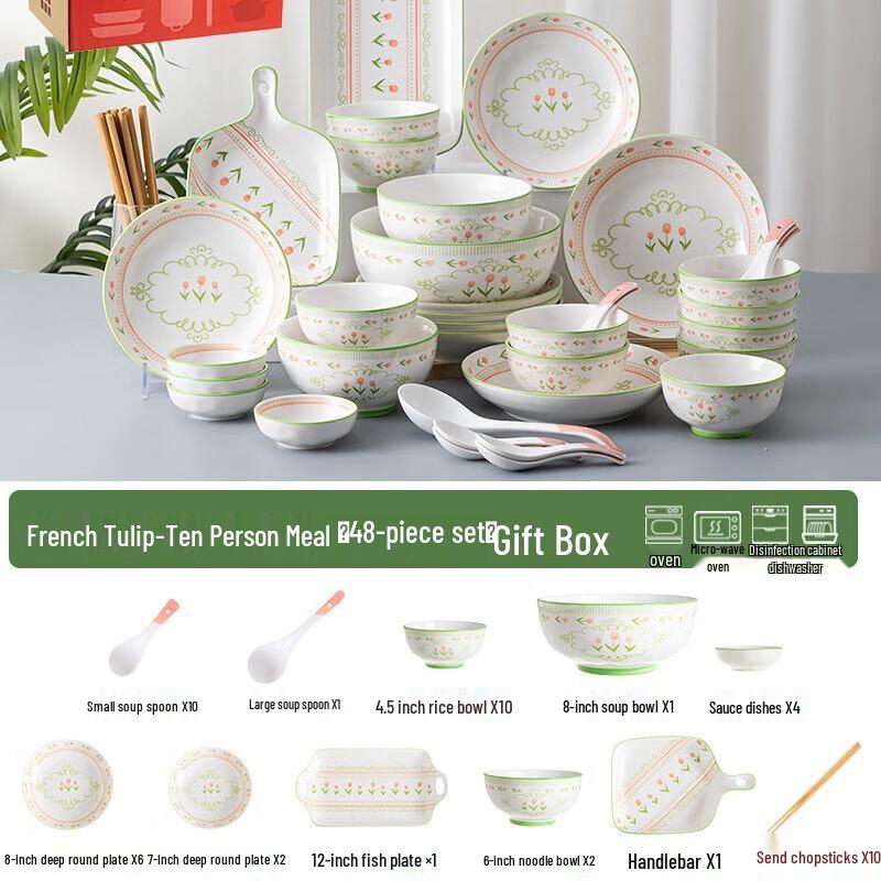 French Tulip Ceramic Dinnerware Set 10-Person, 48-Piece Gift Box Set