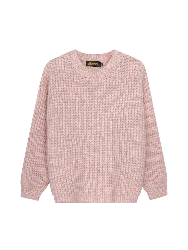Unisex Pink Round Neck Knit Sweater, American College Style, Casual Loose Fit for Autumn and Winter