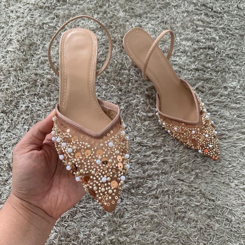 

Luxury Fashion Bling String Bead Mesh High Heels Women Sexy Pointed Toe Breathable Heeled Sandals Elegant Slingbacks Women Pumps 38