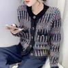 Korean Rainbow Autumn Vintage Loose Striped Knitted Cardigan Sweater Women Classic Tide Mixed Color Single Breasted Pockets Tops