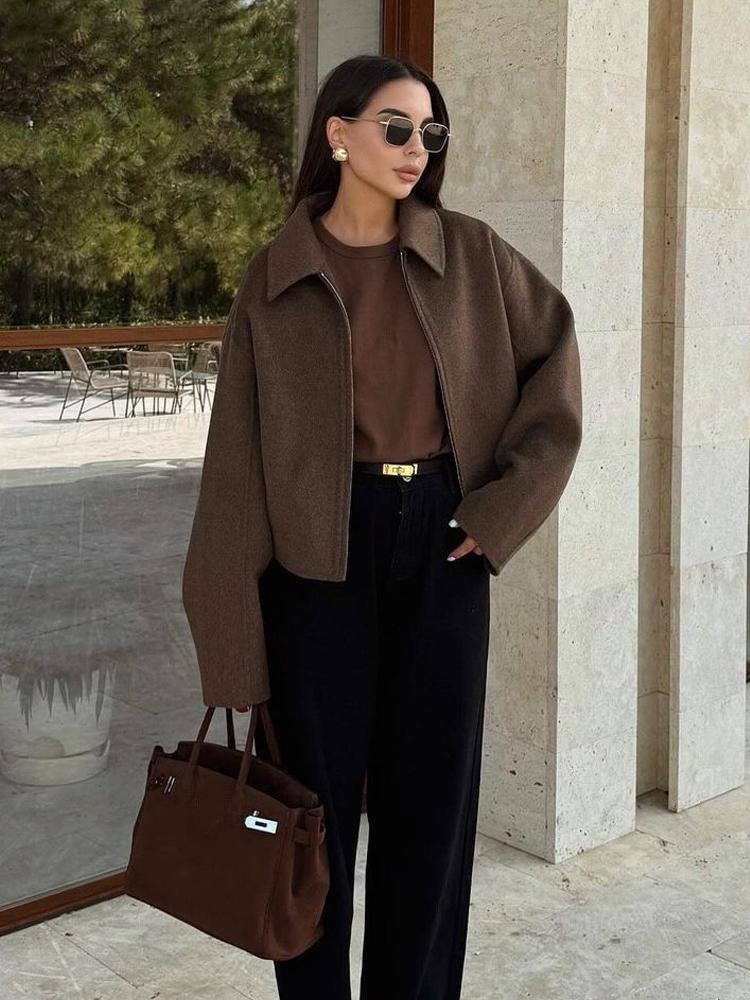Modische braune Wolljacke mit Reißverschluss für Damen, elegantem Revers, langen Ärmeln, kurzen Mänteln, weiblich, Vintage, Herbst, Damen-Street-Oberbekleidung