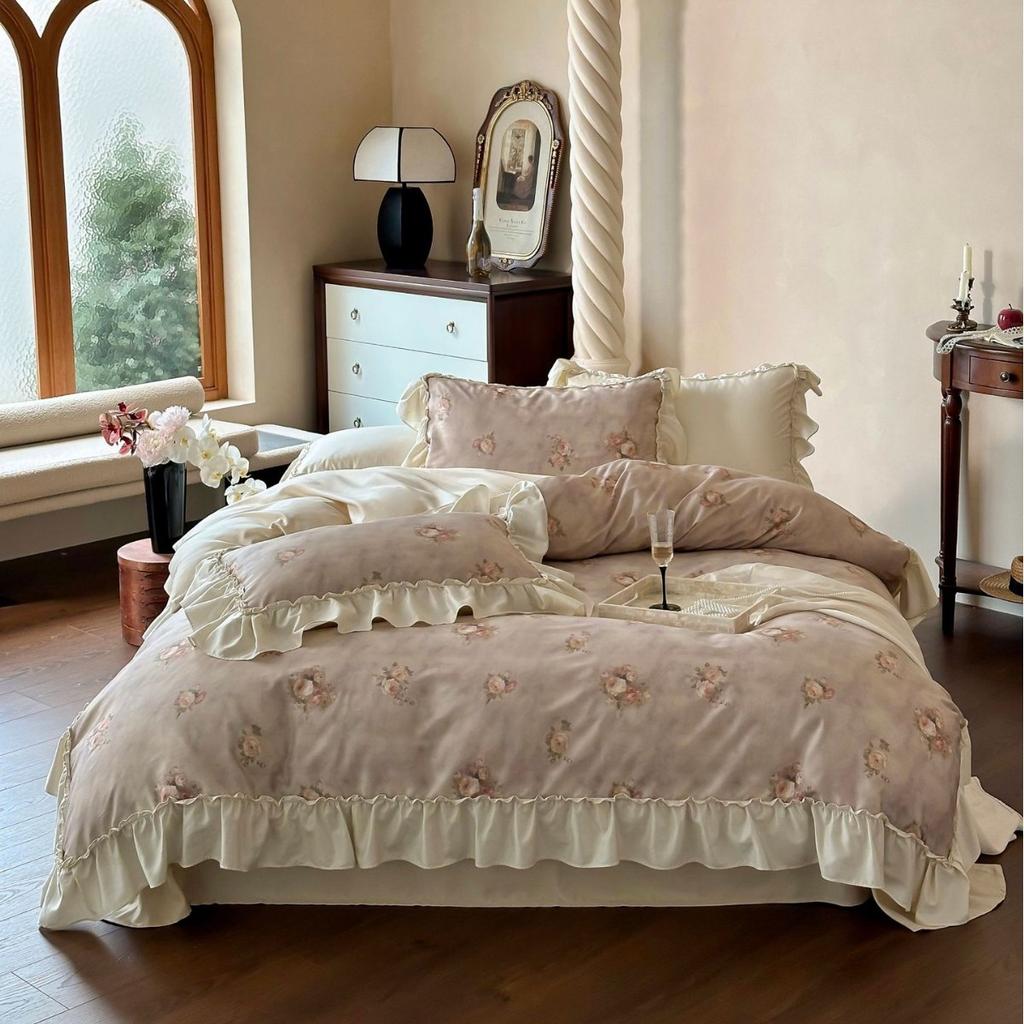 Cotton Bedding Four-piece Rose Printing Skin-friendly Breathable Comfortable Quilt Cover Bed Sheet Pillowcase Kit
