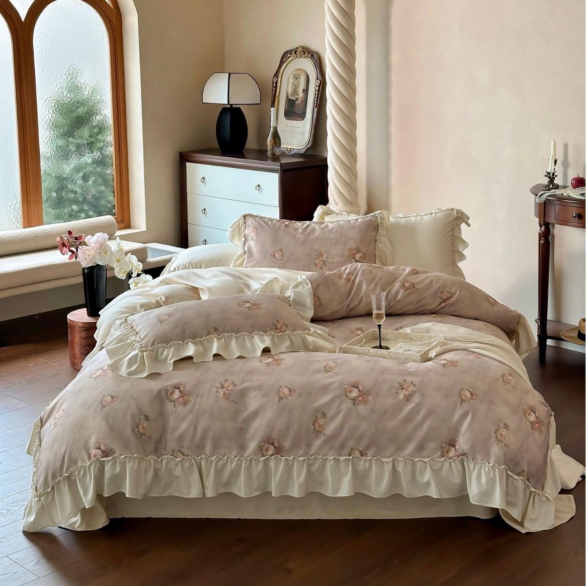 

Хлопковое постельное белье из четырех предметов с розовым принтом, приятное к коже, дышащее, удобное, комплект пододеяльника, простыни и наволочек 2.0m bed