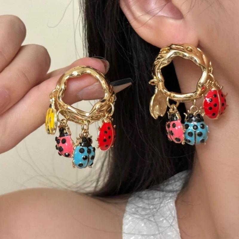 Colorful Enamel Beetle Ladybug Insect Pendant Tassel Earrings For Women Girl Exquisite Elegant Party Jewelry Fashion Accessories