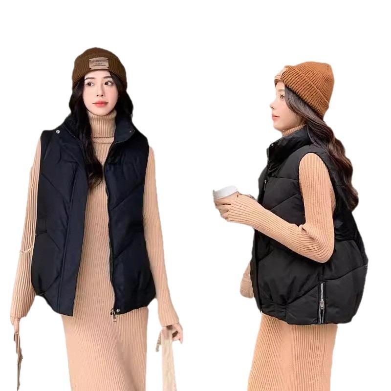 Stand-up Collar Short Vest Vest Women's Autumn and Winter Side Zipper Loose Down Cotton Jacket Vest