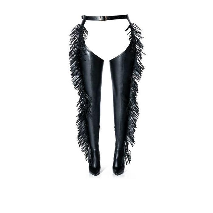 

Женские сапоги Сексуальная кисточка Выше колена На высоком каблуке Мода Внутренняя молния Острый носок Тонкий каблук Сапоги с ремнем Черный ПУ Женская обувь 34 чёрный