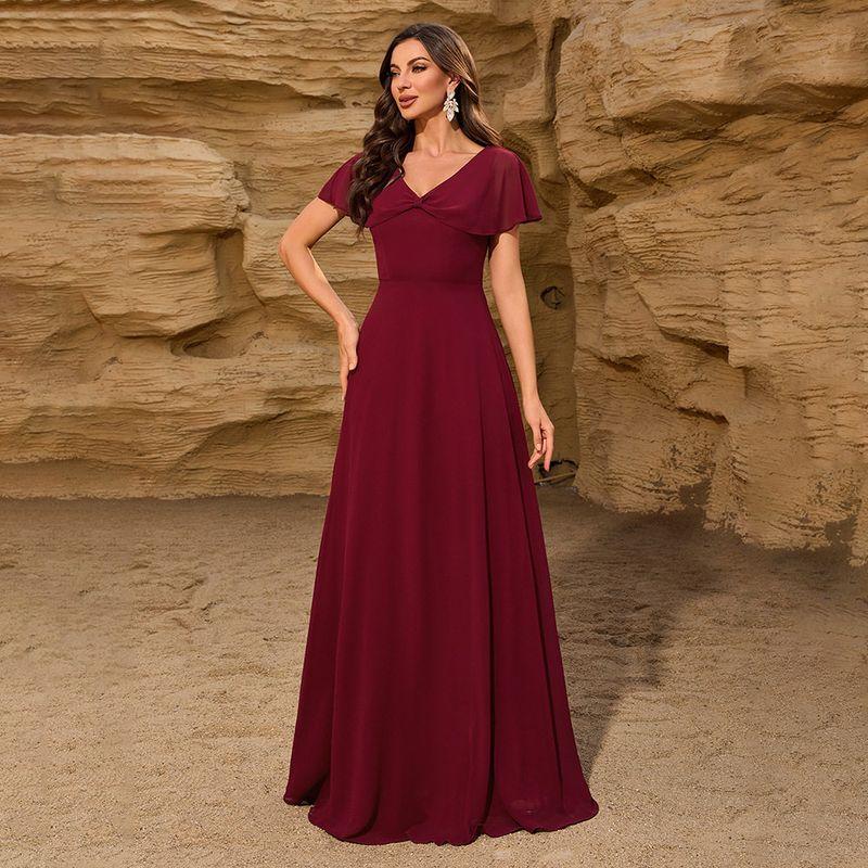 2025 New Chiffon V-Neck Bowknot Shawl-Style Back-Zipper A-Line Full Lining Fashionable and Elegant Evening Dress Wine Red S