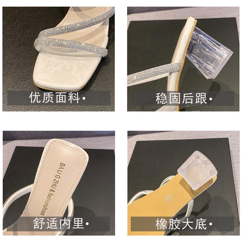 High-heeled rhinestone sandals girl 2025 spring new outer wear French transparent skirt crystal thick heel fairy slippers