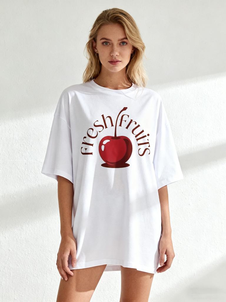 Oversized T Shirt Black Fresh Fruits Cherry Print Graphic Tee Casual Summer Wear