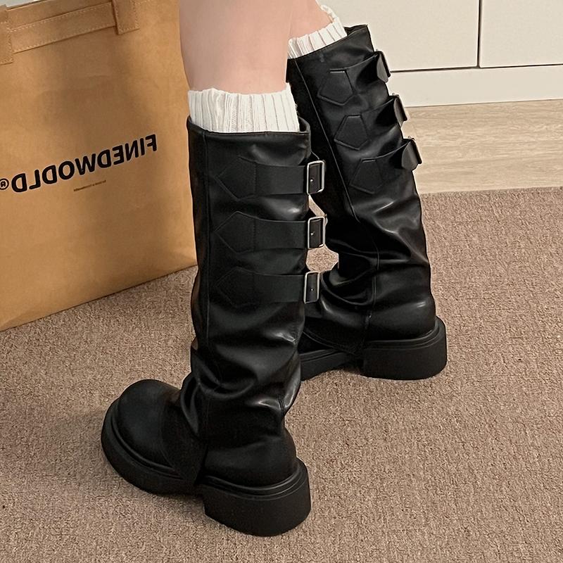 Vintage Belt Buckle Woman Knight Long Boots Fashion Pleated Low Heel Knee High Booties Botas De Inverno Feminina