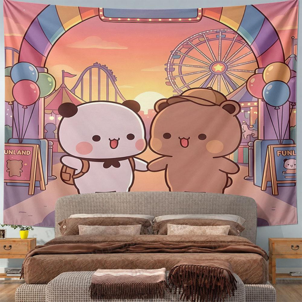 Cute Bear Friends at Funland Carnival Pattern Wall Hanging Tapestry Decorative Tapestry Home Decor for Bedroom and Living Room