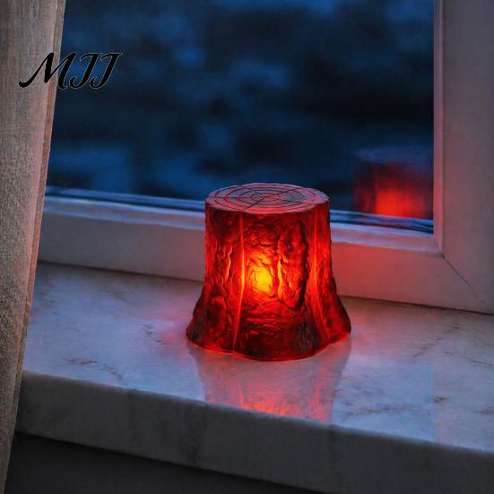 Warm Red Light Shadow Lamp LED Tree Stump with Realistic Flame Effect, Simulated Pit Wood Bonfire Effect Night Light, Battery Operated Faux