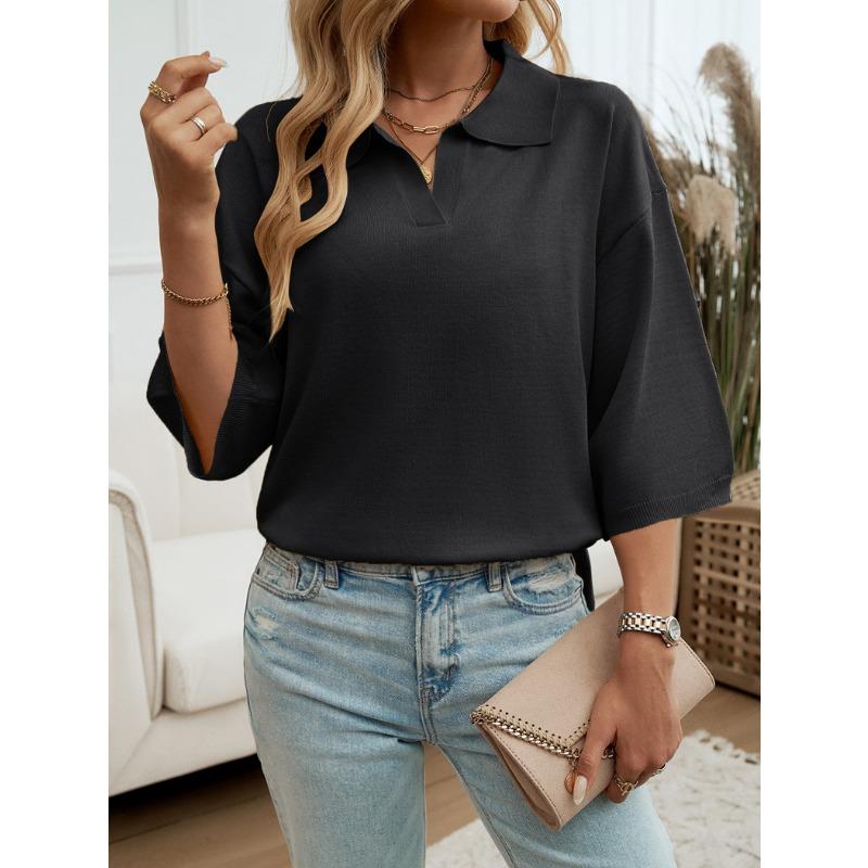 Women Solid Color Lapel Solid Color Half Sleeve Loose Sweater