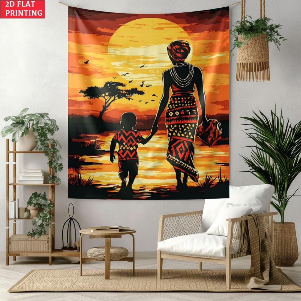 African Mother And Child Sunset Tapestry Wall Hanging Bohemian Decor Home Decoration Ethnic Art Print Living Room Mural Tapestry