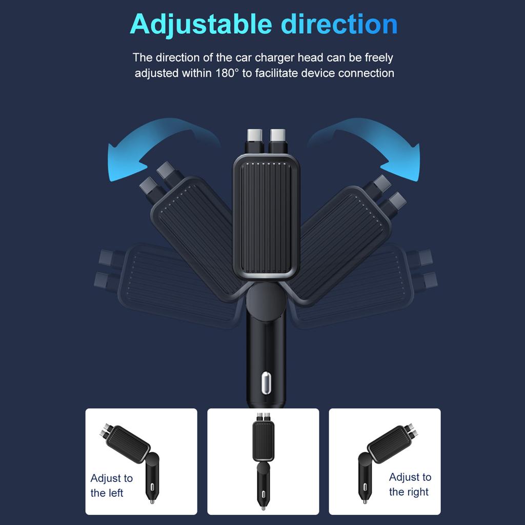 C88 USB Car Charger Cigarette Lighter Adapter with Dual Retractable Cable Bluetooth-Compatible 5.3