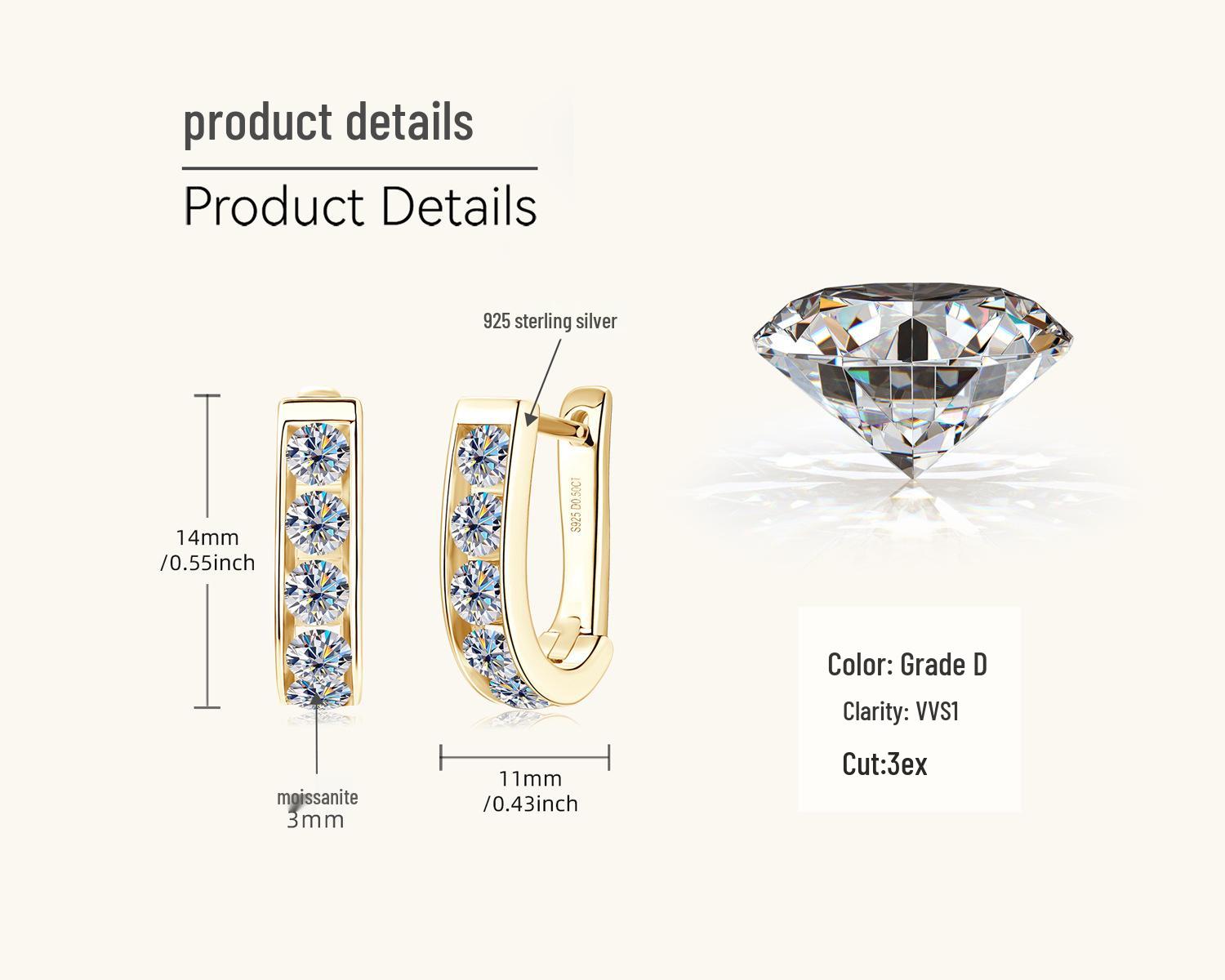 

Элегантные серебряные серьги-подвески U-образной формы с муассанитами - Сладкий и крутой стиль 0.5 Carat + 0.5 Carat золотой